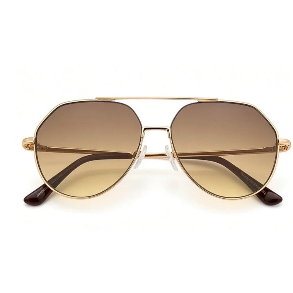 Sunglasses Gold Frame Brown Gradient Lens Fashion‎ Eyewear Pilot Style Flat Lens